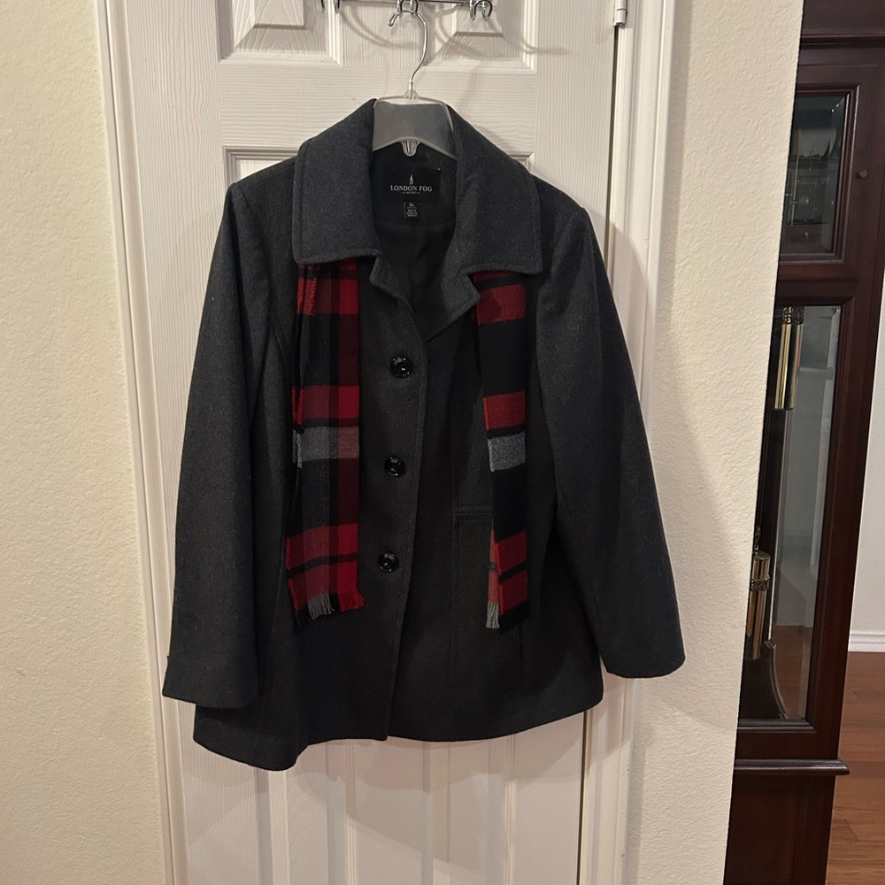 NWOT London Fog Dark Gray Coat with Red Plaid Scarf